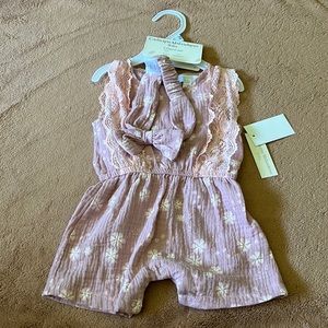 NWT 3-6 Months Catherine Malandrino Baby Girl Boho Mauve Romper and Headband Set